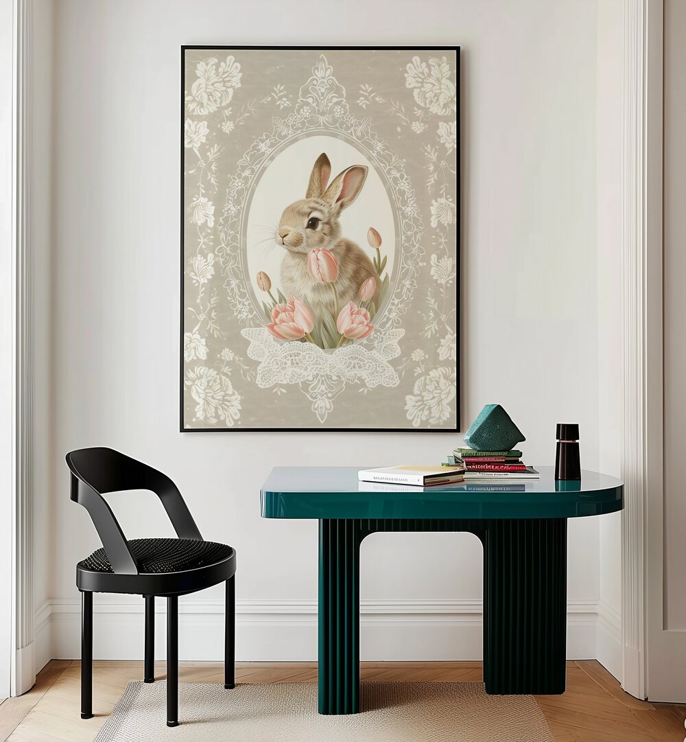 Bunny Blooms I Kids Room Paintings Kids Room Wall Art in Black Plain Frame placed on a wall behind a study table