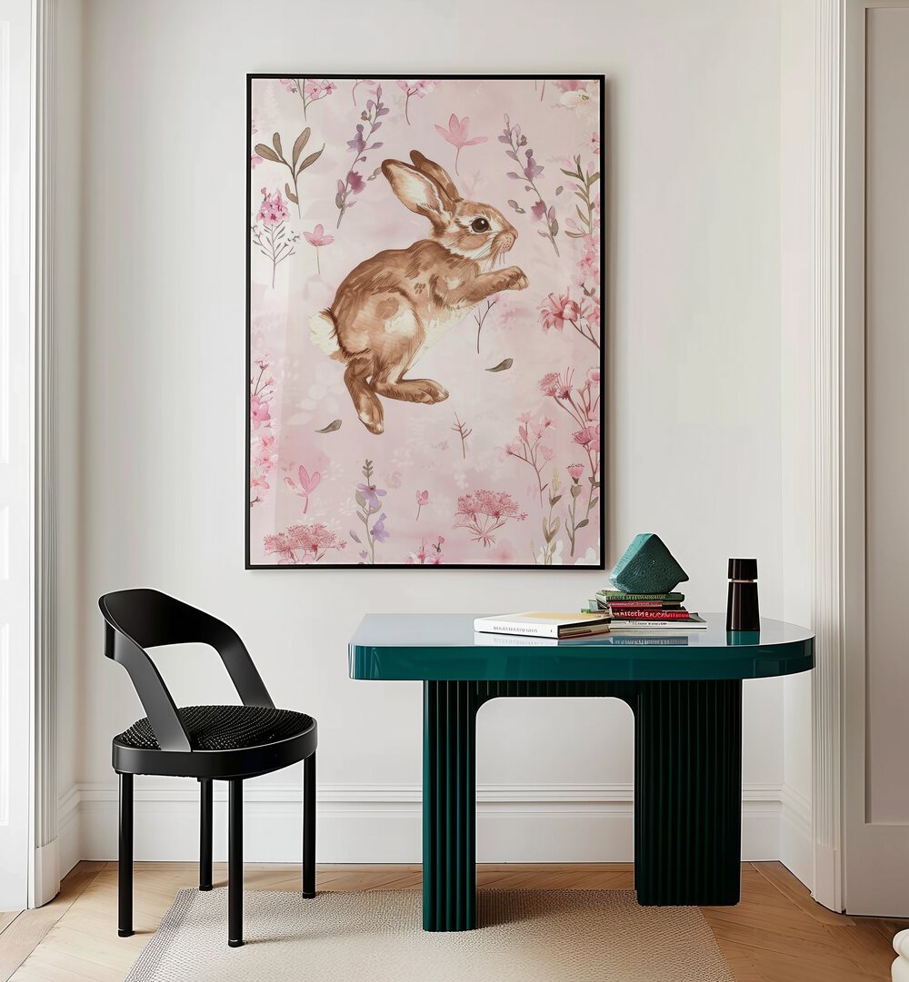 Bunny Blooms iii Kids Room Paintings Kids Room Wall Art in Black Plain Frame placed on a wall behind a study table