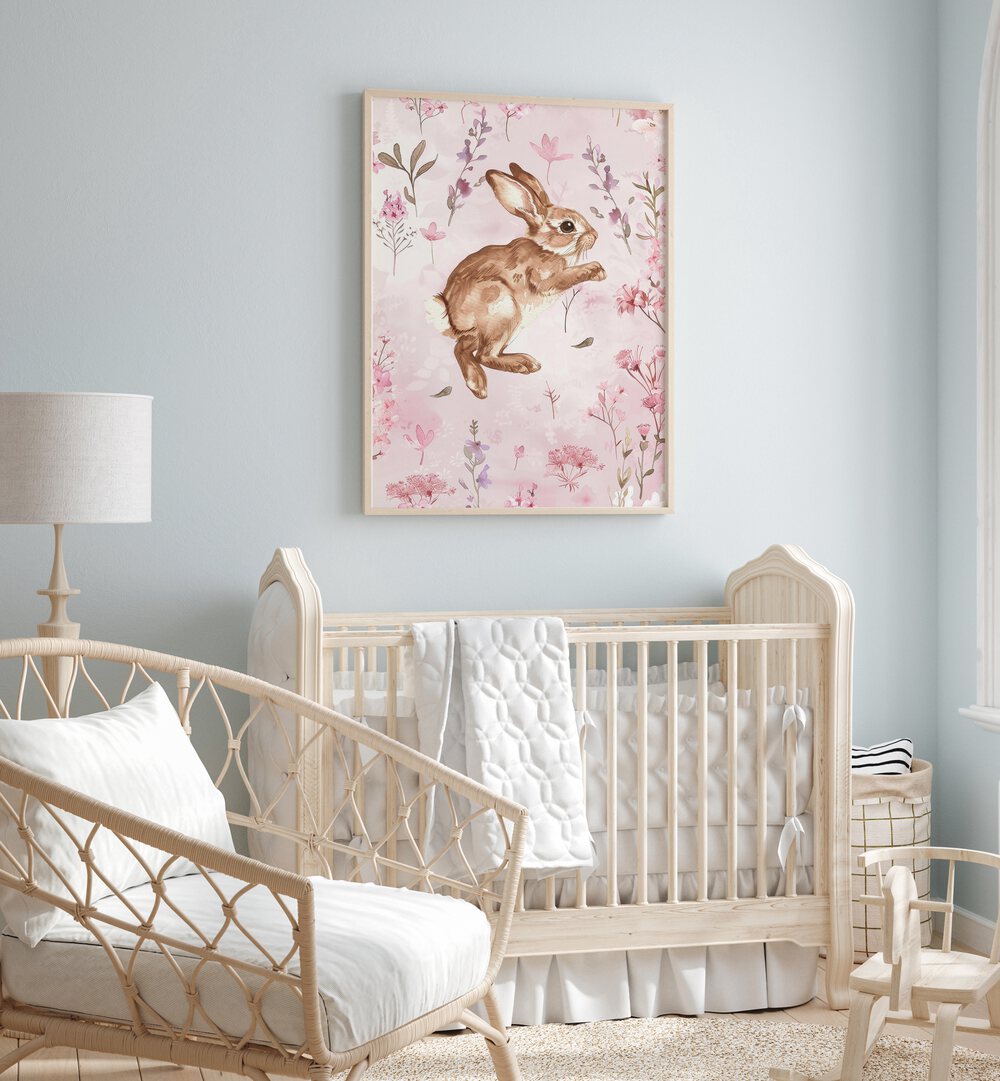 Bunny Blooms iii Kids Room Paintings Kids Room Wall Art in Oak Wood Plain Frame placed on a wall in a kids room behind an infant's bed