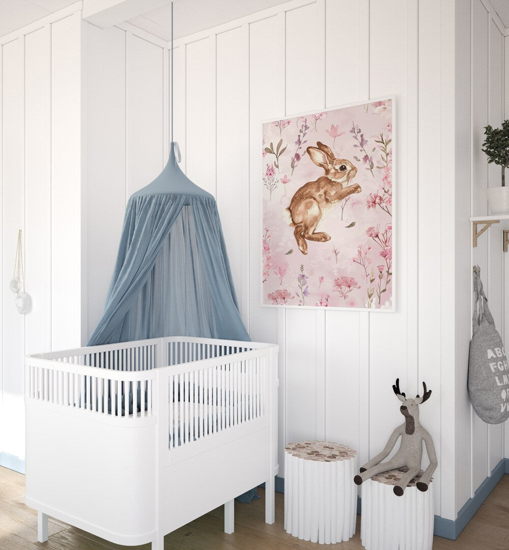 Bunny Blooms iii Kids Room Paintings Kids Room Wall Art in White Plain Frame placed on a wall in a kids room beside an infant's bed