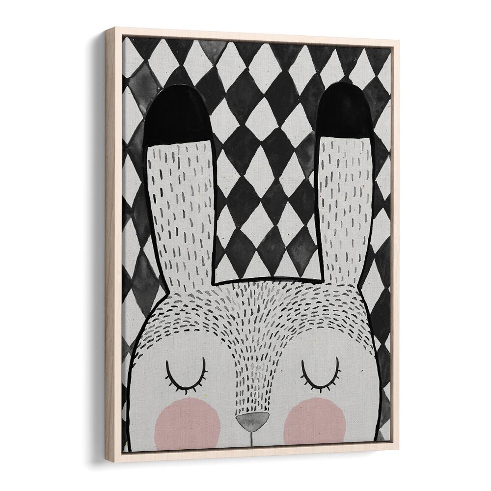 Bunny By Treechild Kids Room Wallart in Oak Wood Floater Frame