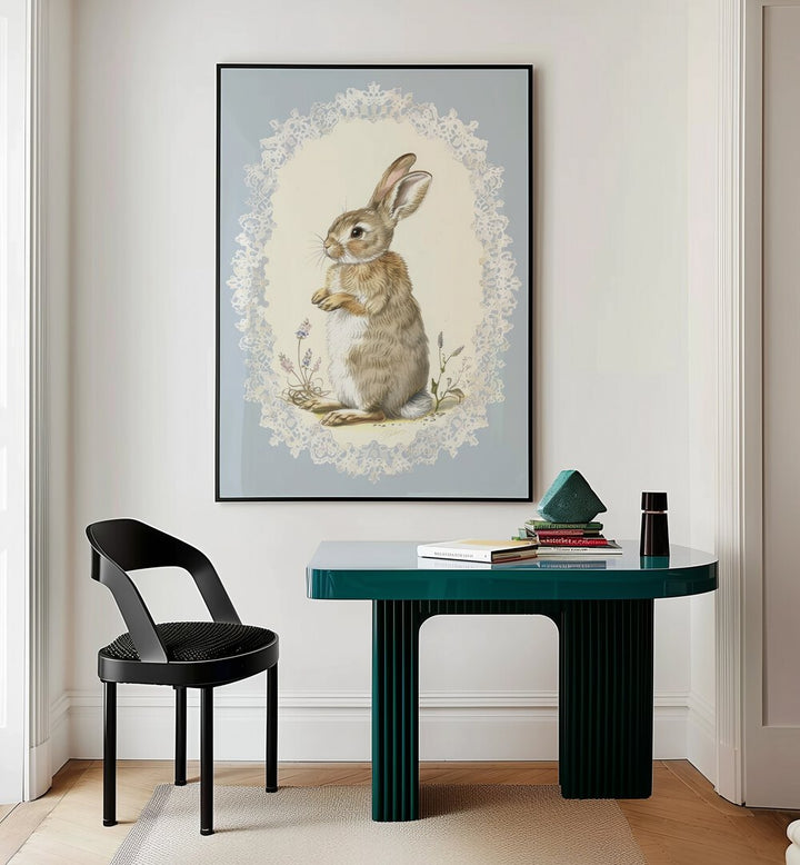 Bunny In A Wonderland Iv Kids Room Paintings Kids Room Wall Art in Black Plain Frame placed on a wall behind a study table