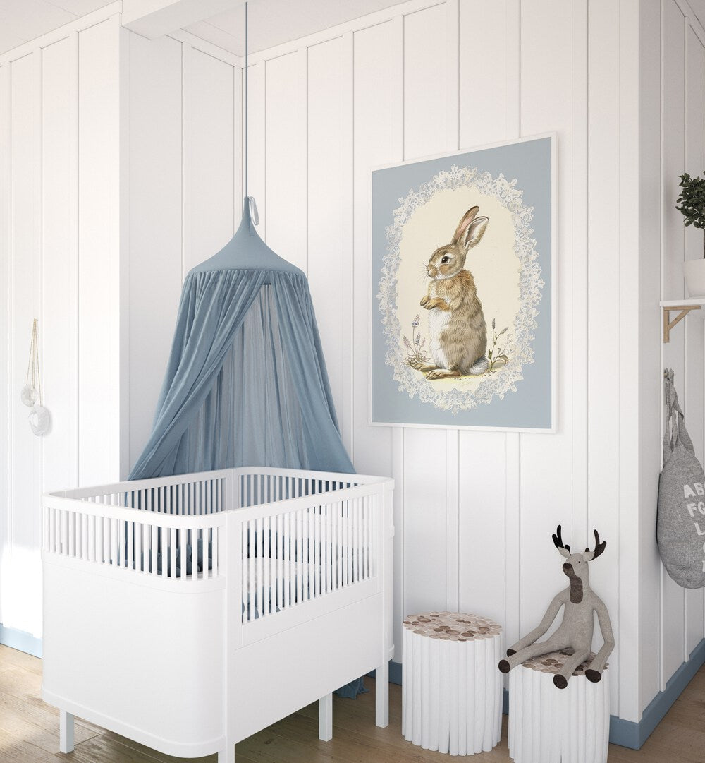 Bunny In A Wonderland Iv Kids Room Paintings Kids Room Wall Art in White Plain Frame placed on a wall in a kids room beside an infant's bed