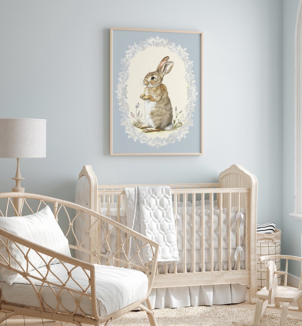 Bunny In A Wonderland Iv Kids Room Paintings Kids Room Wall Art in Oak Wood Plain Frame placed on a wall in a kids room behind an infant's bed