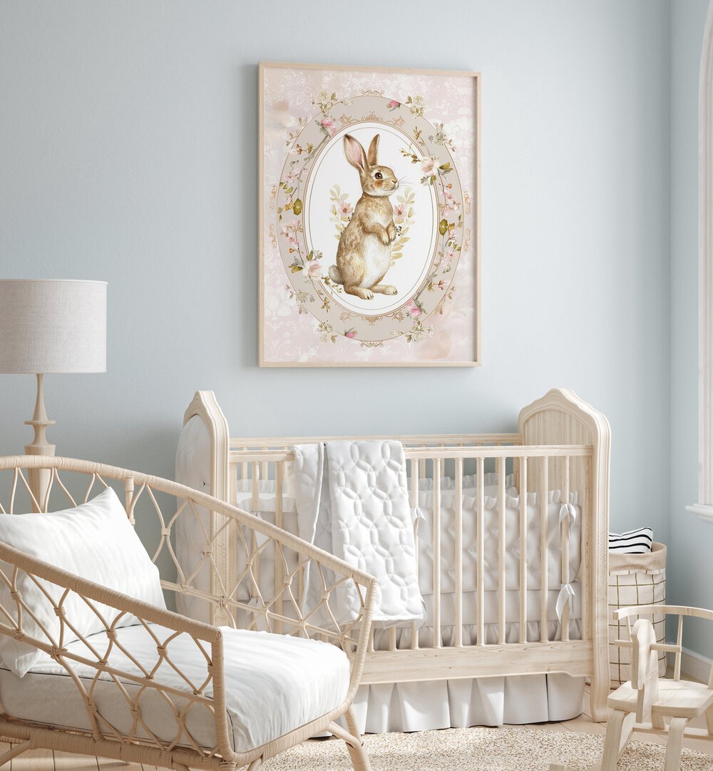 Bunny In A Wonderland ii Kids Room Paintings Kids Room Wall Art in Oak Wood Plain Frame placed on a wall behind a kids bed for kids room