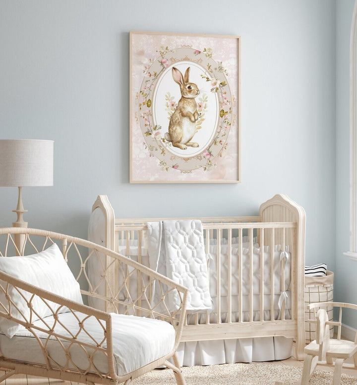 Bunny In A Wonderland ii Kids Room Paintings Kids Room Wall Art in Oak Wood Plain Frame placed on a wall behind a kids bed for kids room