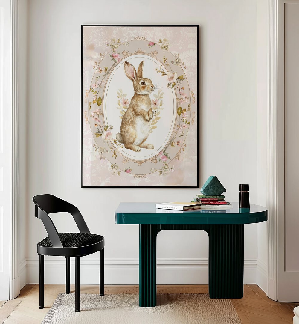 Bunny In A Wonderland ii Kids Room Paintings Kids Room Wall Art in Black Plain Frame placed on a wall behind a study table