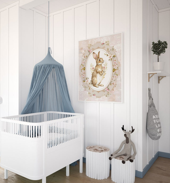 Bunny In A Wonderland ii Kids Room Paintings Kids Room Wall Art in White Plain Frame placed on a wall behind an infant's bed for kids room