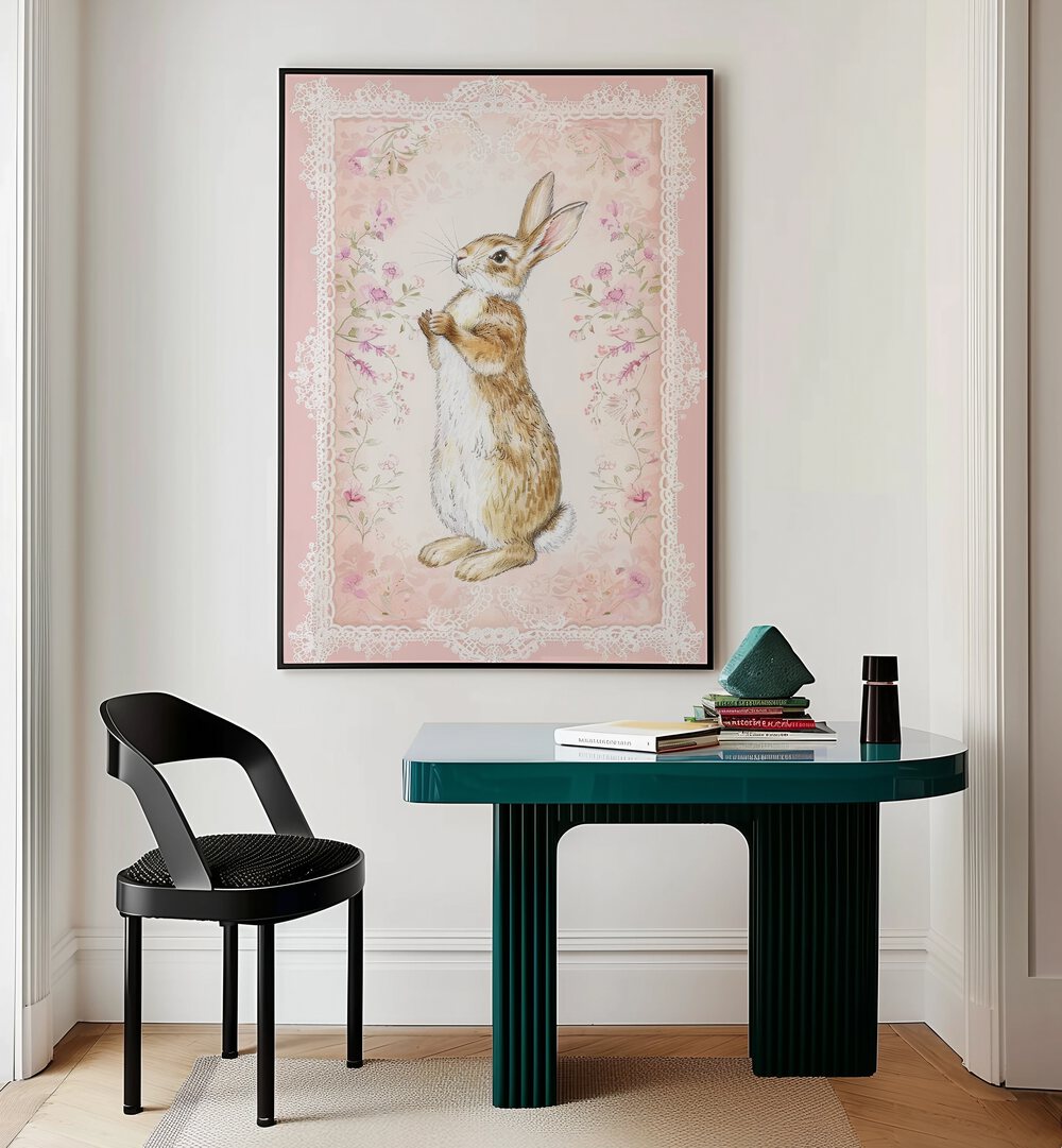 Bunny In A Wonderland iii Kids Room Paintings Kids Room Wall Art in Black Plain Frame placed on a wall behind a study table