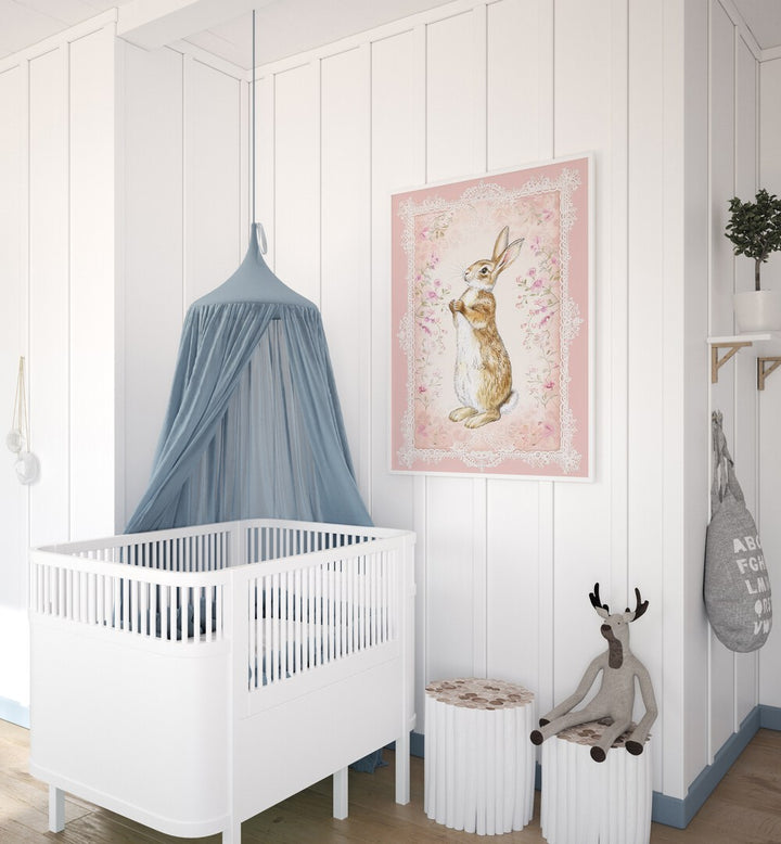 Bunny In A Wonderland iii Kids Room Paintings Kids Room Wall Art in White Plain Frame placed on a wall in a kids room beside an infant's bed