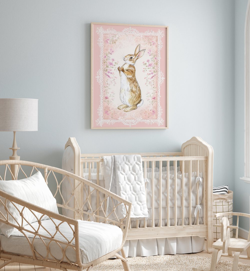 Bunny In A Wonderland iii Kids Room Paintings Kids Room Wall Art in Oak Wood Plain Frame placed on a wall in a kids room behind an infant's bed