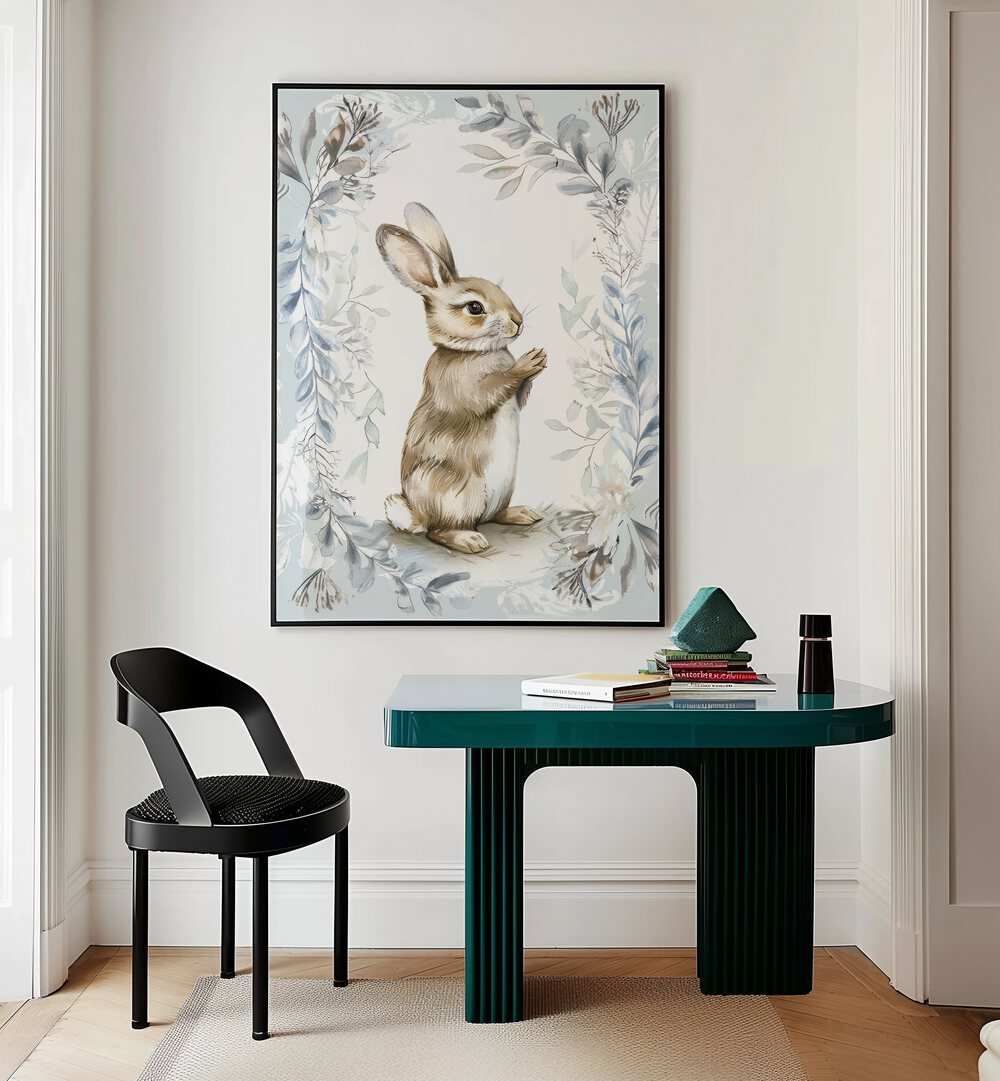 Bunny In Wonderland V Kids Room Paintings Kids Room Wall Art in Black Plain Frame placed on a wall behind a study table