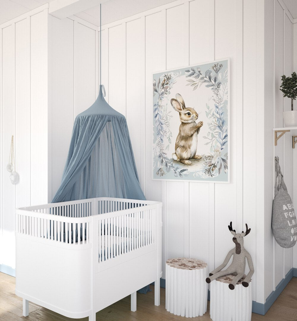 Bunny In Wonderland V Kids Room Paintings Kids Room Wall Art in White Plain Frame placed on a wall in a kids room beside an infant's bed