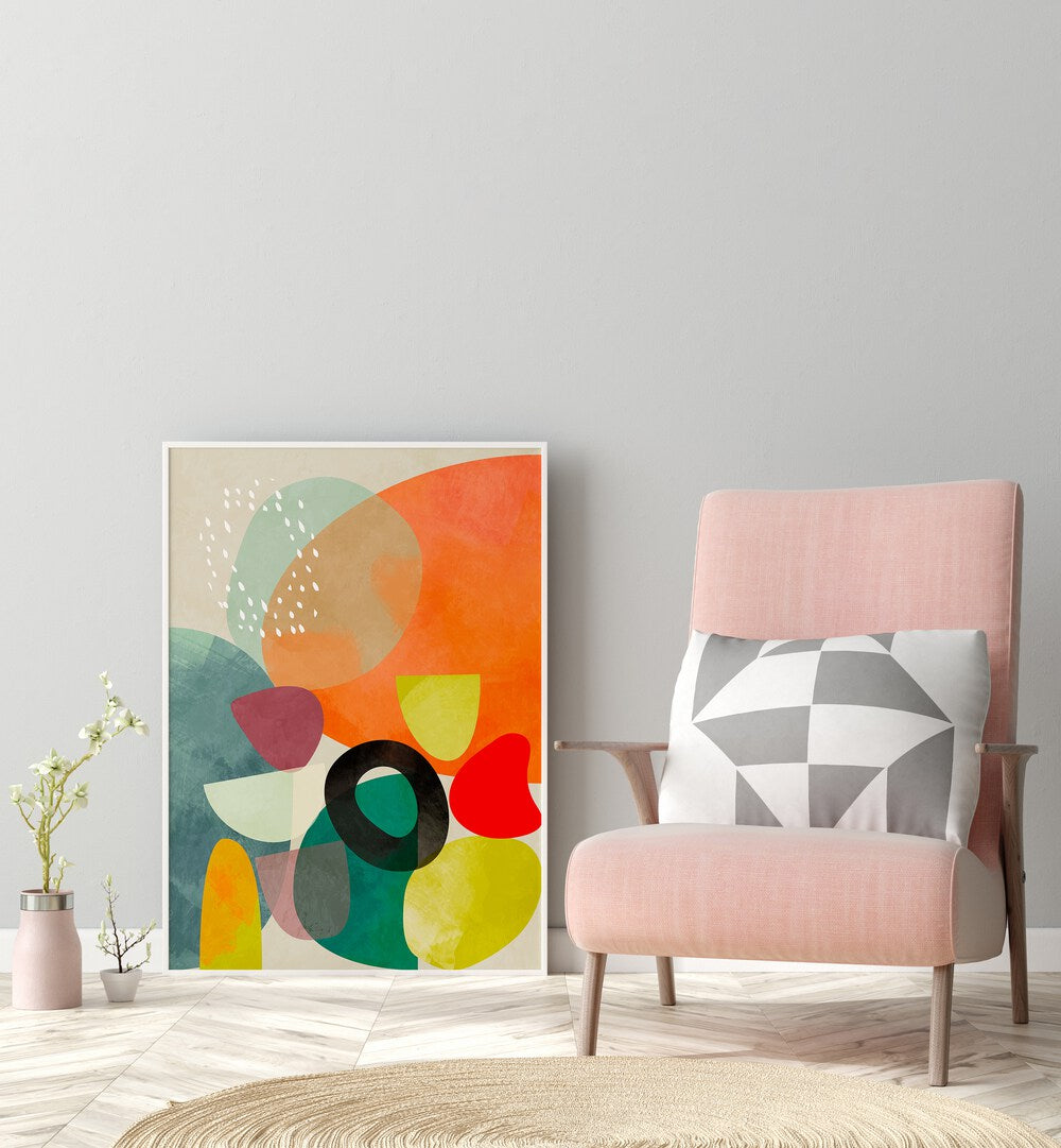 Buntes 2020 Kopie I By Ana Rut Bre Abstract Art Abstract Wall Art in White Plain Frame placed on the floor beside a chair