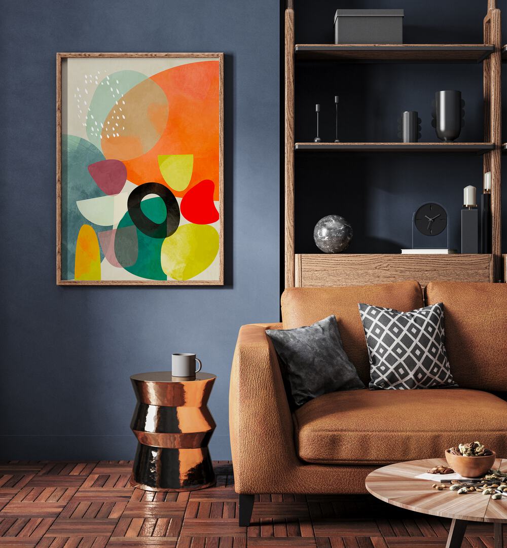 Buntes 2020 Kopie I By Ana Rut Bre Abstract Art Abstract Wall Art in Oak Wood Plain Frame placed on a wall beside a sofa