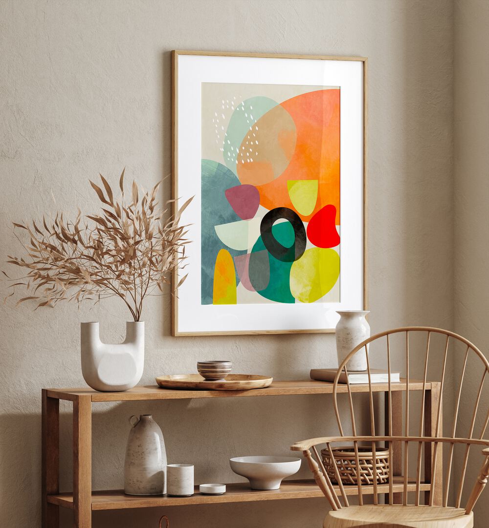 Buntes 2020 Kopie I By Ana Rut Bre Abstract Art Abstract Wall Art in Oak Wood Frame With Mount placed on a wall behind a table