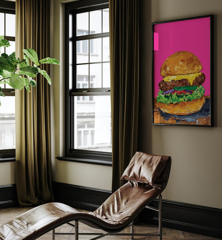 Burger Pink by Alice Straker Cafe Art Prints Cafe Posters in Black Plain Frame placed on a living room wall behind a chair and beside a window