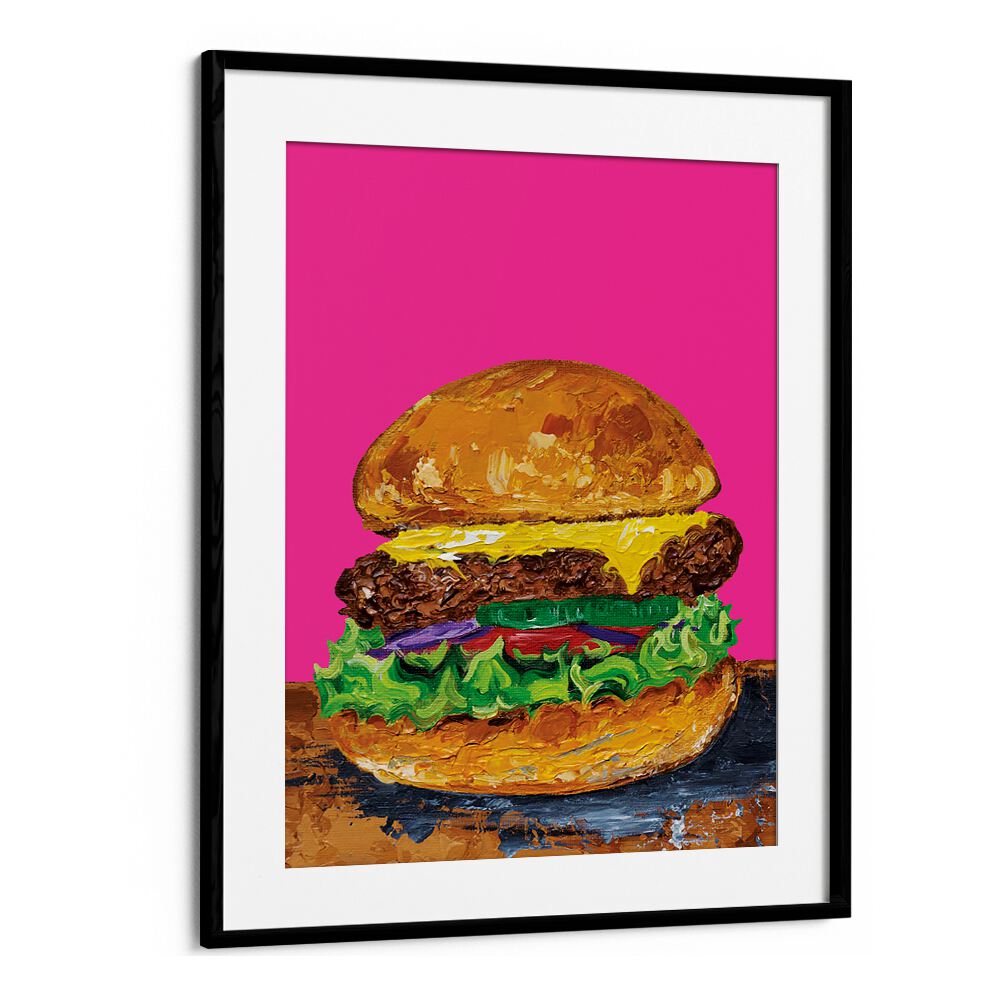 Burger Pink by Alice Straker Cafe Art Prints Cafe Posters in Black Frame With Mount