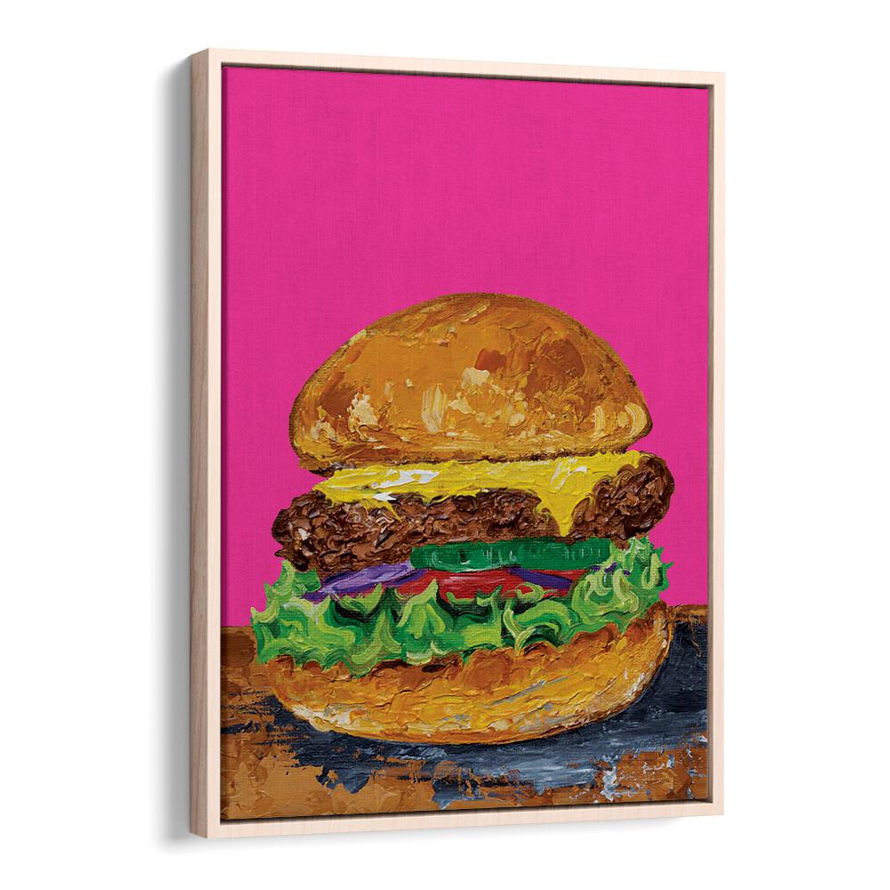 Burger Pink by Alice Straker Cafe Art Prints Cafe Posters in Oak Wood Floater Frame