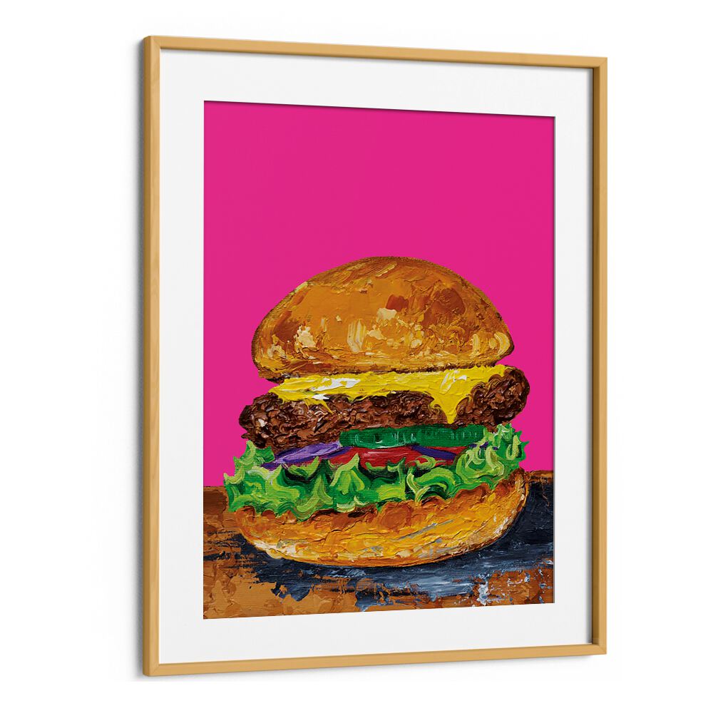 Burger Pink by Alice Straker Cafe Art Prints Cafe Posters in Oak Wood Frame With Mount