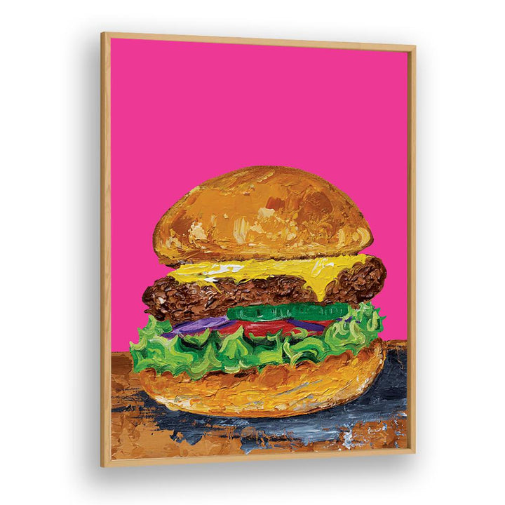 Burger Pink by Alice Straker Cafe Art Prints Cafe Posters in Oak Wood Plain Frame