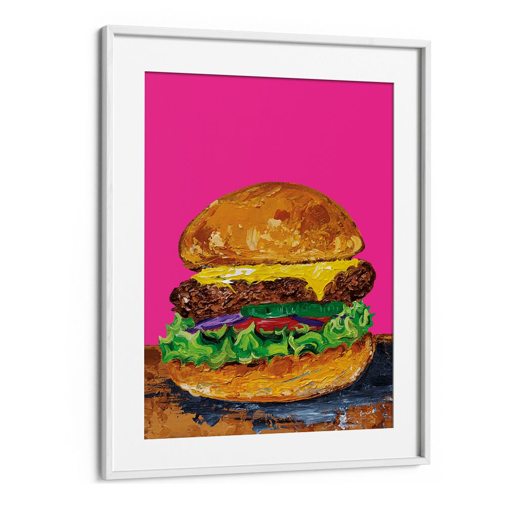 Burger Pink by Alice Straker Cafe Art Prints Cafe Posters in White Frame With Mount