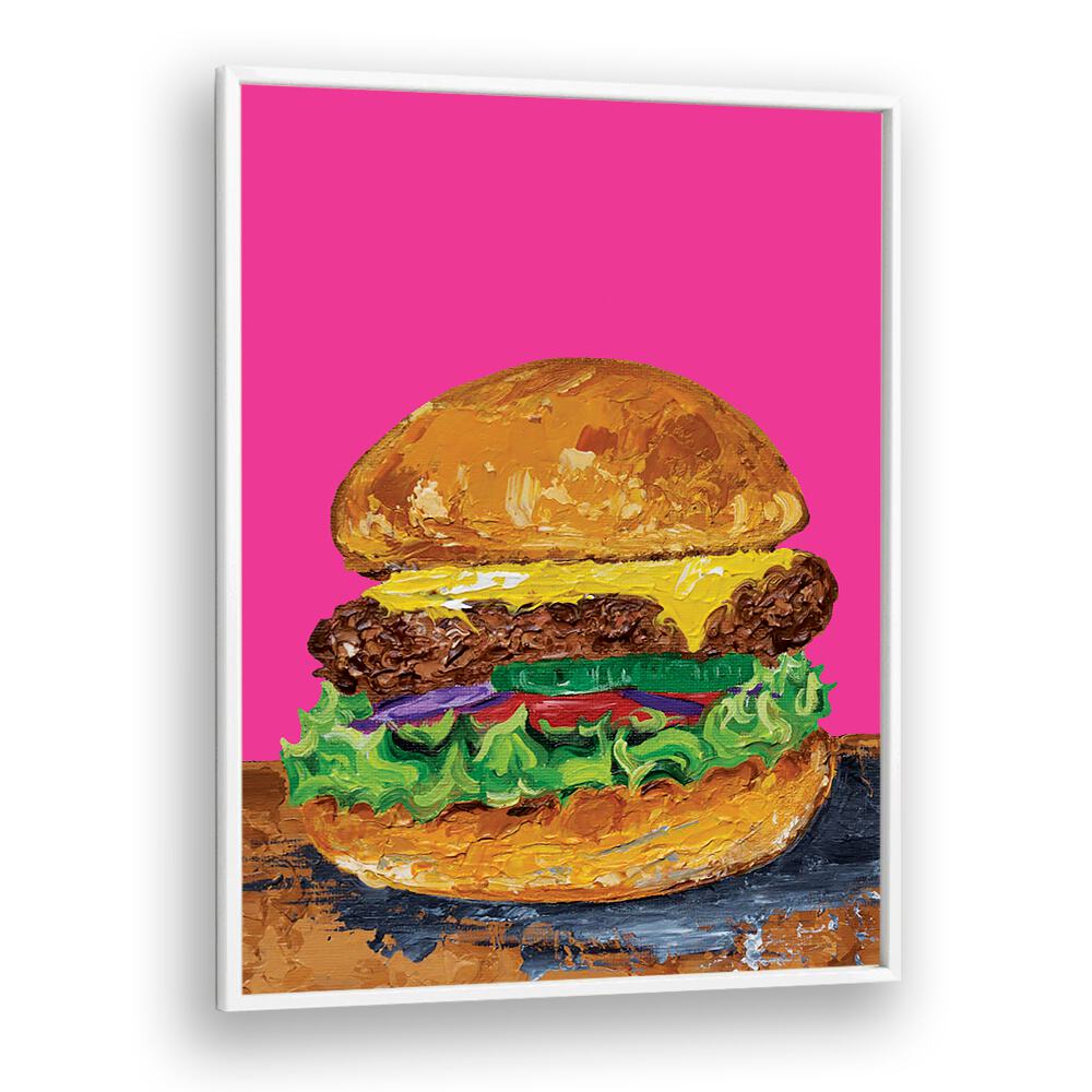 Burger Pink by Alice Straker Cafe Art Prints Cafe Posters in White Plain Frame