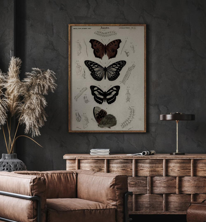 Butterfly Veil Gothic Secrets Concealed In Delicate Wings Gothic Art Prints in Oak Wood Plain Frame hanging on wall above brown chair beside plant.