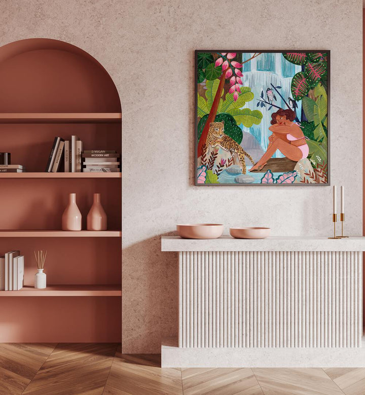 By the Waterfall By Caroline Bonne Muller Woman Illustration Paintings in Black Plain Frame on a pink wall above a table