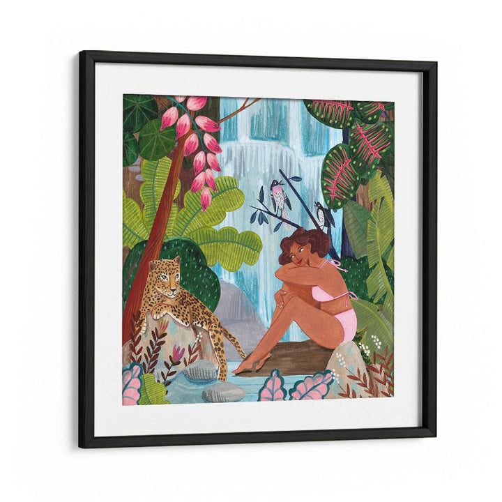 By the Waterfall By Caroline Bonne Muller Woman Illustration Paintings in Black Frame With Mount