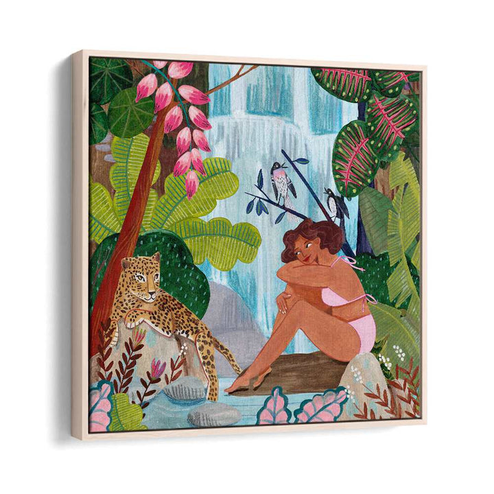 By the Waterfall By Caroline Bonne Muller Woman Illustration Paintings in Oak Wood Floater Frame