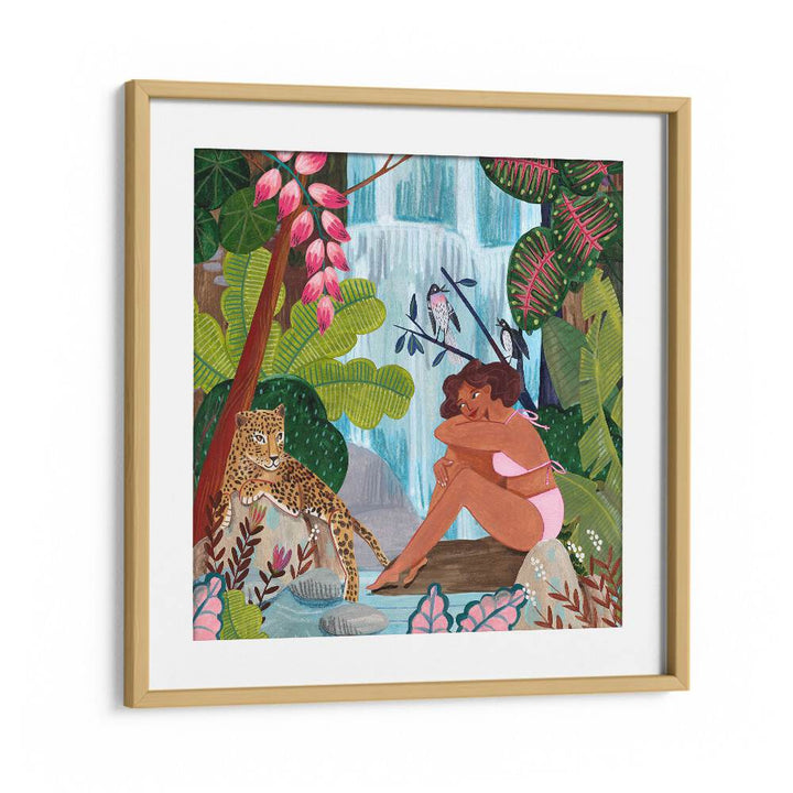 By the Waterfall By Caroline Bonne Muller Woman Illustration Paintings in Oak Wood Frame With Mount