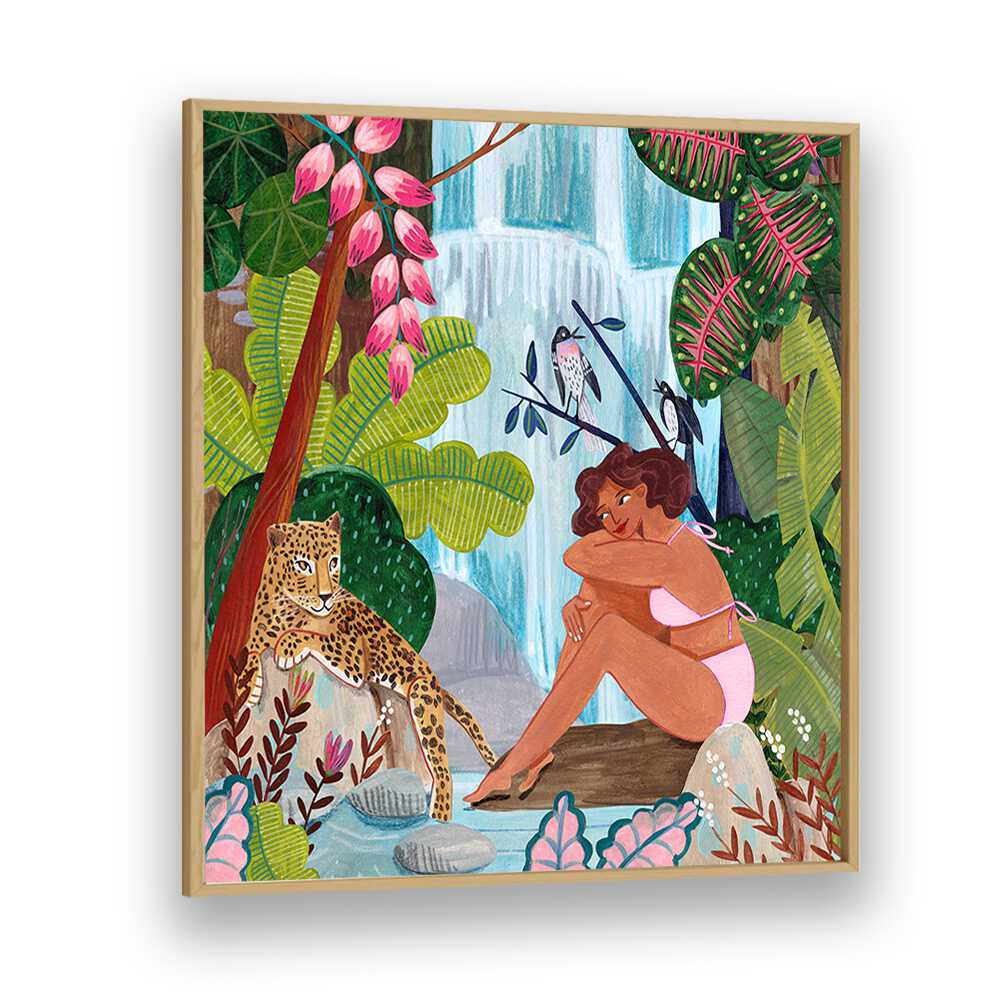 By the Waterfall By Caroline Bonne Muller Woman Illustration Paintings in Oak Wood Plain Frame