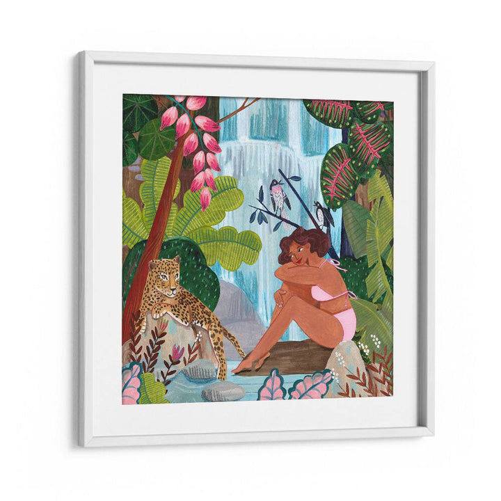 By the Waterfall By Caroline Bonne Muller Woman Illustration Paintings in White Frame With Mount