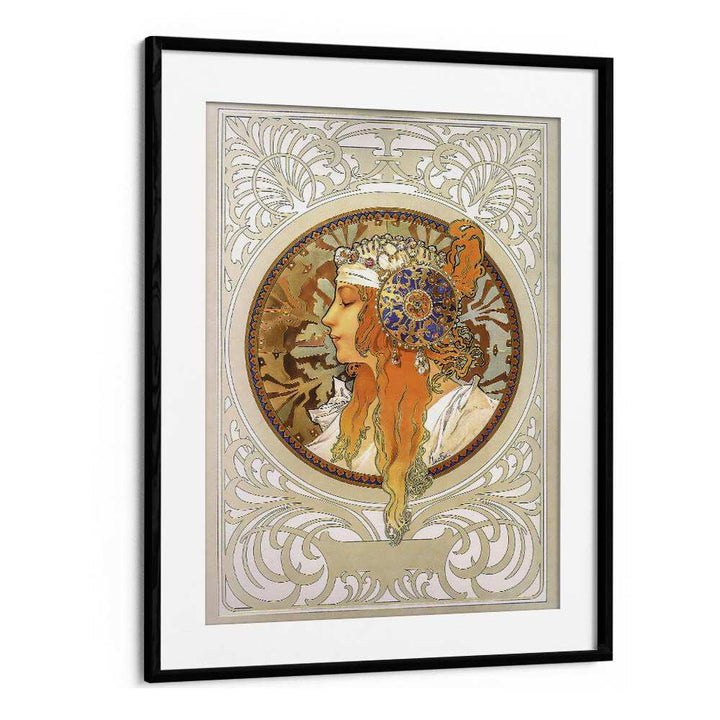 Byzantine Heads Blonde 1897 By Alphonse Mucha Vintage Paintings in Black Frame With Mount