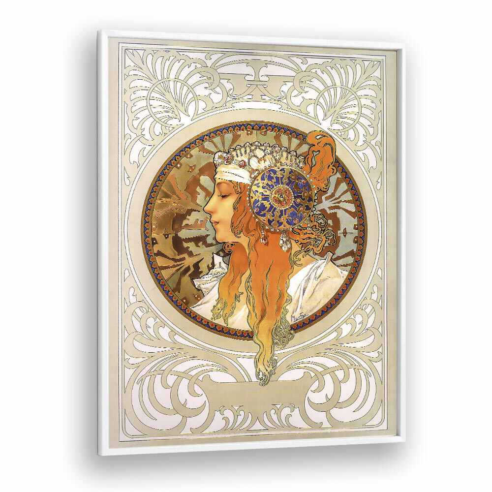 Byzantine Heads Blonde 1897 By Alphonse Mucha Vintage Paintings in White Plain Frame