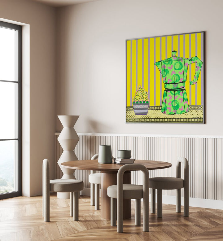 Colorful CAFETERA A CUPCAKE, KITCHEN POSTERS adorn a modern dining space, perfect for coffee and cupcake lovers.