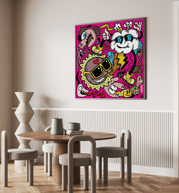 Call It Swag II Comic Art Artwork in Black Plain Frame placed on a Beige Wall near a Dining Table in the Dining Room