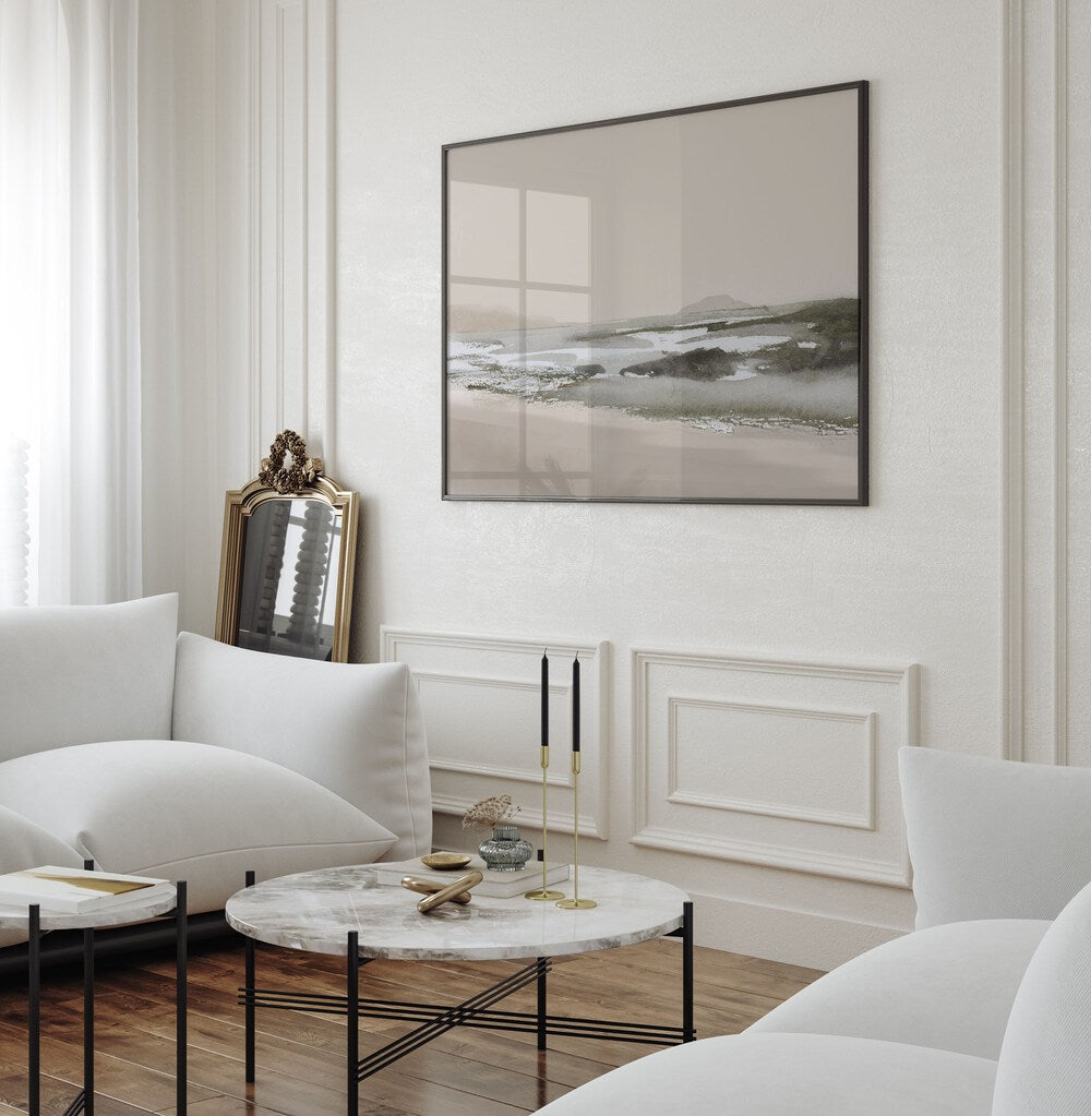 Serene CALM BEACH painting enhancing a stylish living room, perfect for coastal-themed decor. Ideal BEACH PAINTINGS choice.