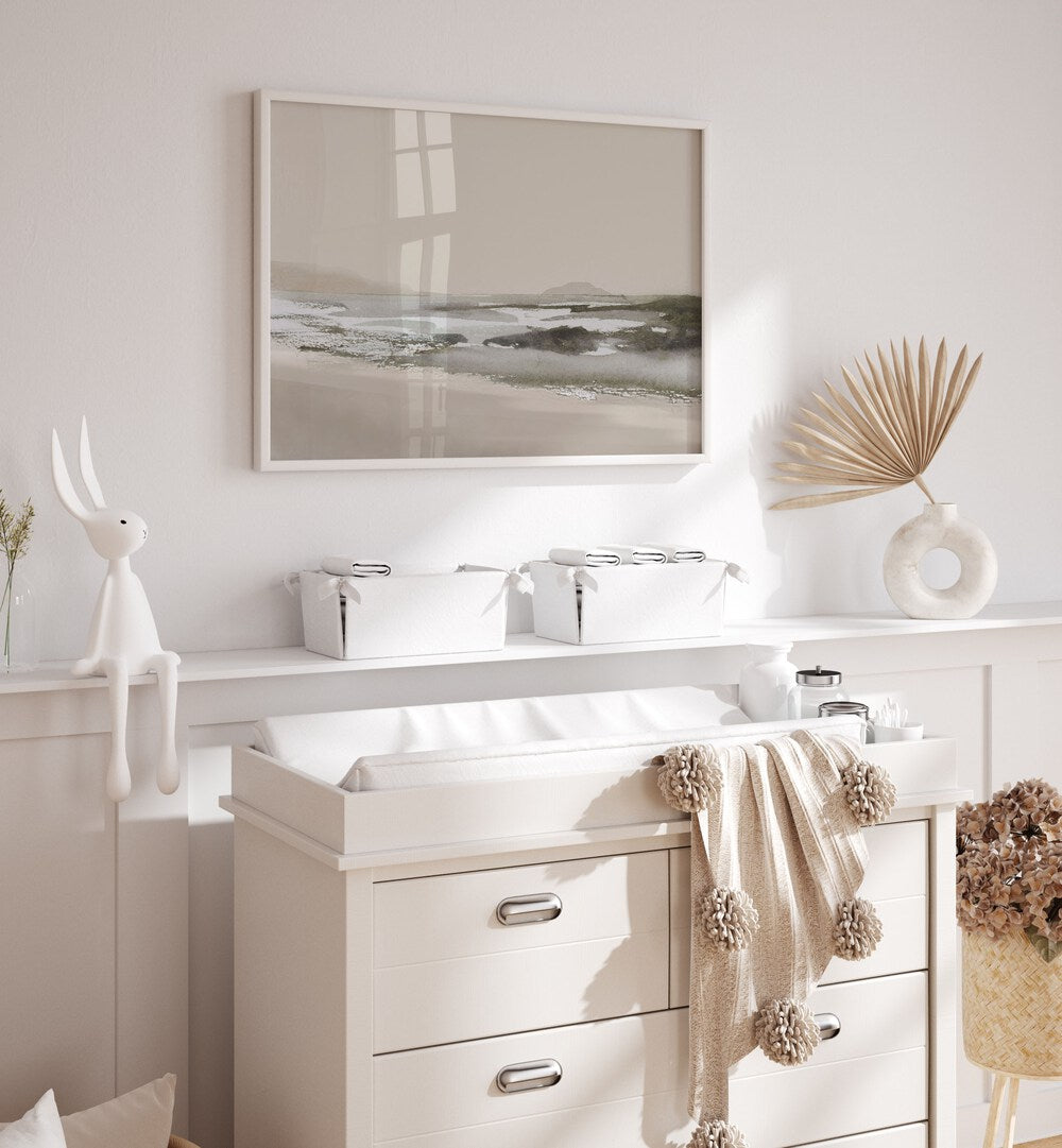 Serene CALM BEACH beach paintings in a stylish interior, perfect for enhancing your coastal decor.