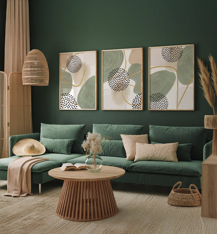 CALM GREENS SET , SET OF 3 PAINTINGS