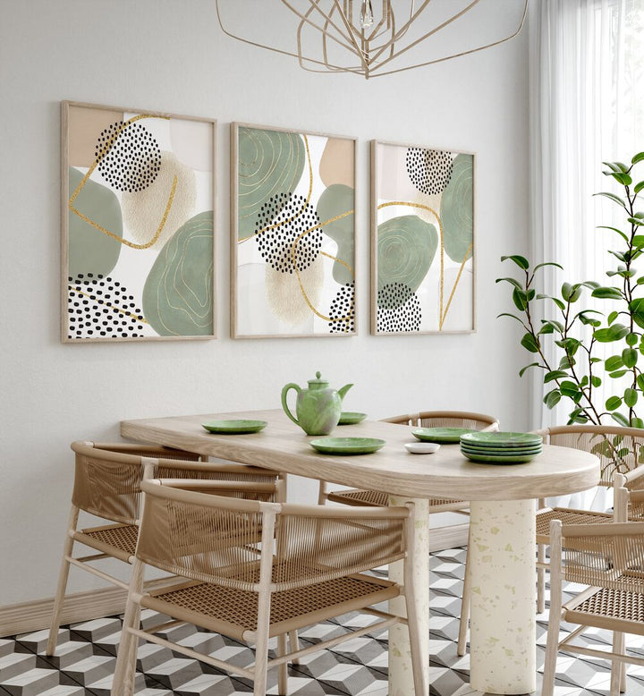 CALM GREENS SET , SET OF 3 PAINTINGS