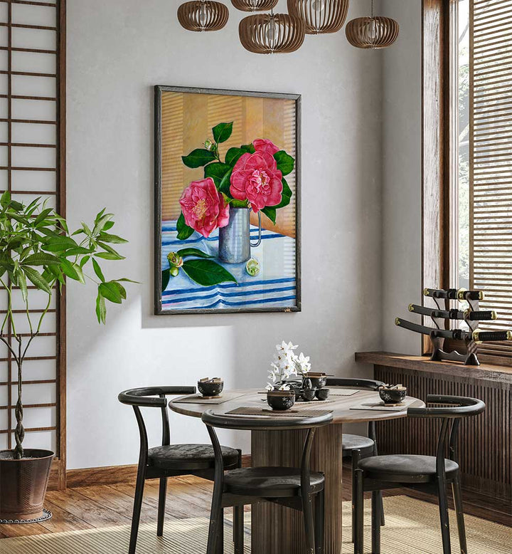 Exquisite CAMELIA, FLORAL FLOWER PAINTINGS showcased in a stylish interior, adding vibrant nature-inspired beauty.