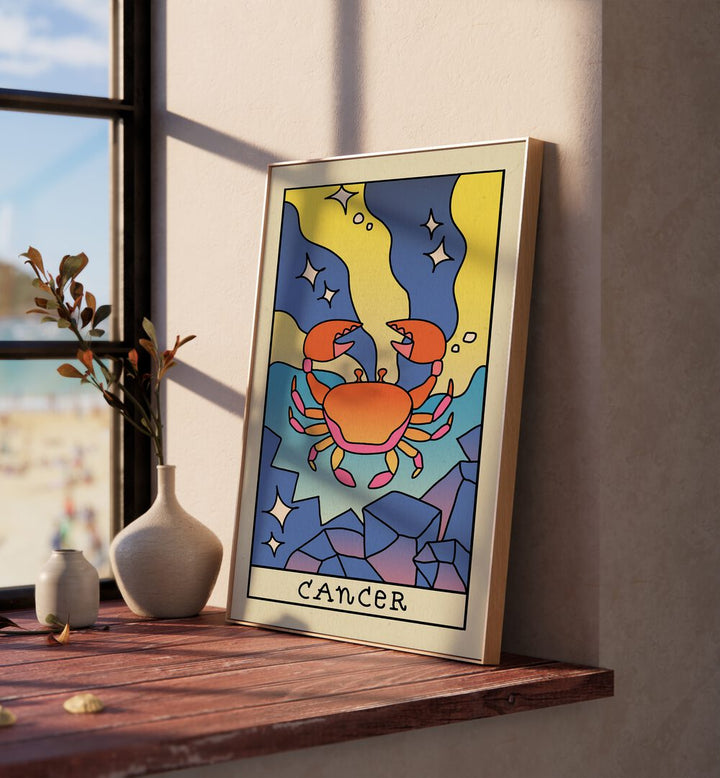 Cancer Zodiac & Tarot Art Painting Artwork in plain oakwood frame beside a window