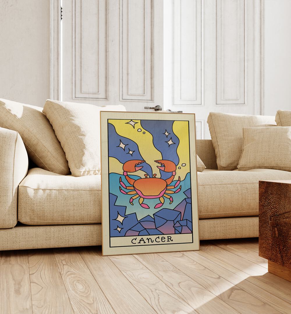 Cancer Zodiac & Tarot Art Painting Artwork in plain oakwood frame beside a sofa