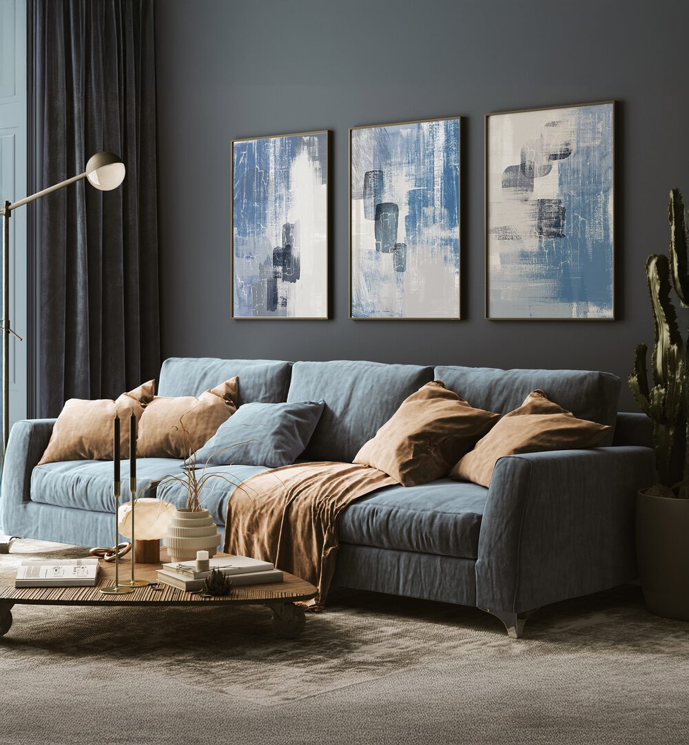 CANVAS BLUE SET , SET OF 3 PAINTINGS