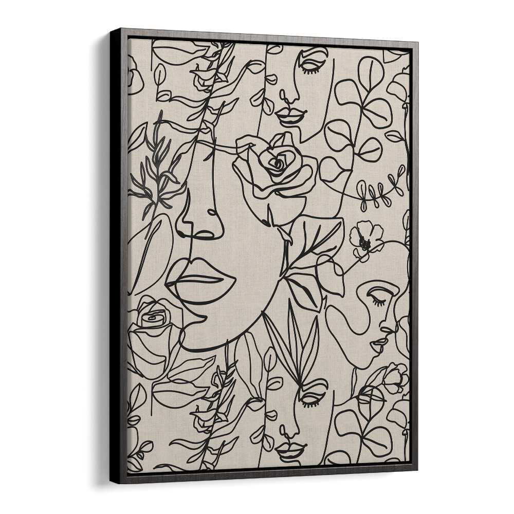 Captivating Black & White Feminine boho wall art painting Artwork in Black Floater Frame