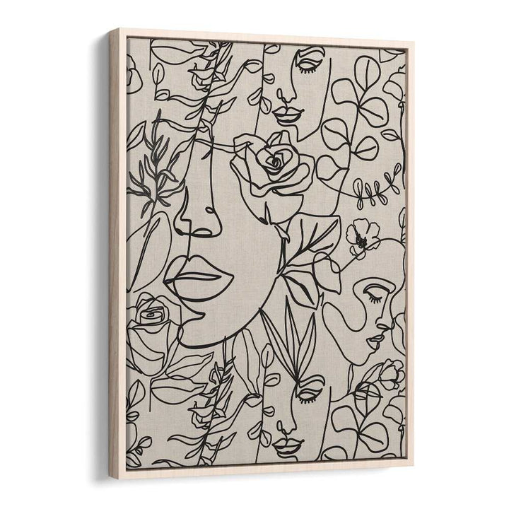 Captivating Black & White Feminine boho Artwork in Oak Wood Floater Frame