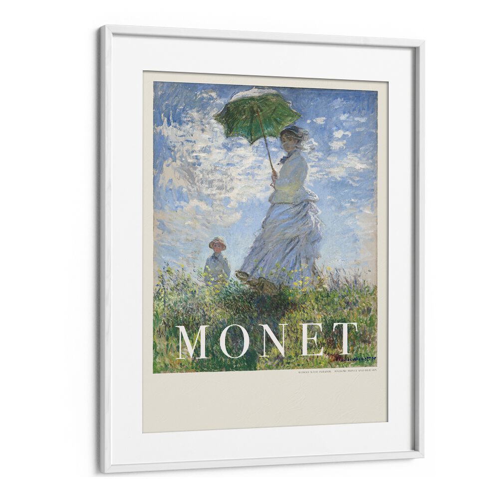 Capturing The Breeze Woman With A Parasol Claude Monet art painting Artwork in White frame With Mount