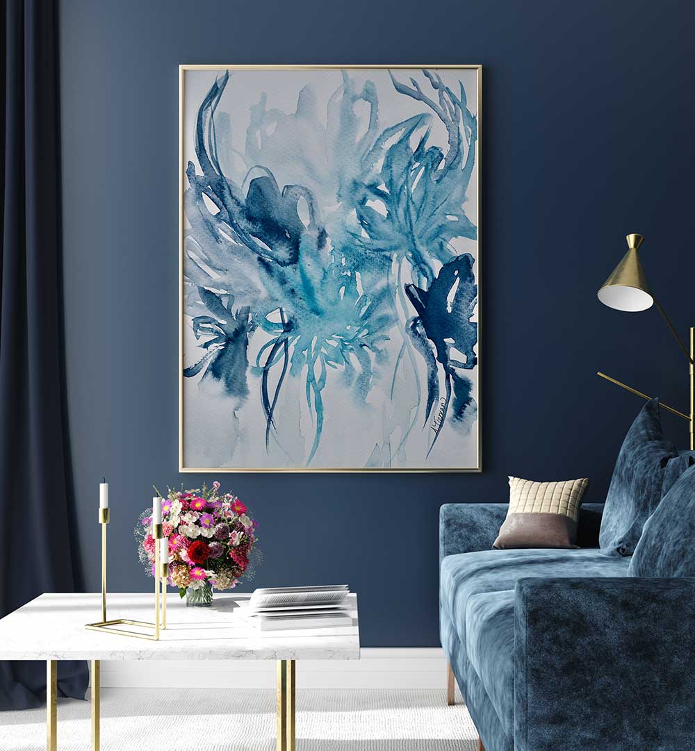 Elevate your decor with CARELESS WHISPER, ABSTRACT PAINTINGS, showcasing captivating blue hues and artistic flair.
